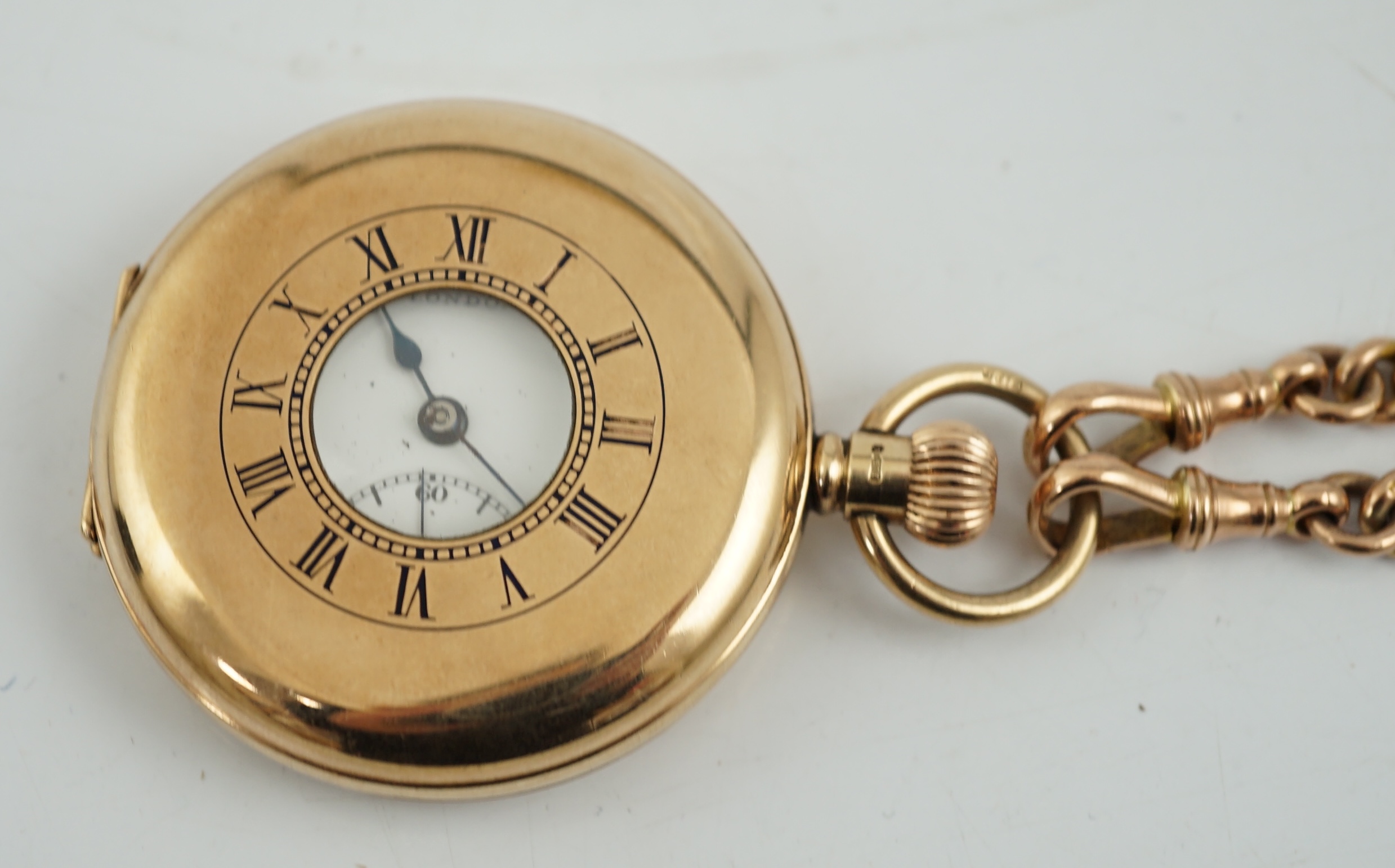 A George V 9ct gold J.W. Benson keyless half hunter pocket watch
